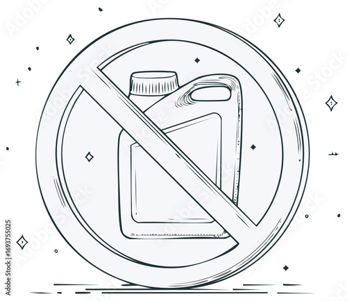 No motor oil canister prohibited sign sketched illustration. Eco friendly engine protection icon.