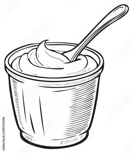 Yogurt cup and spoon sketch illustration, dessert container with creamy texture