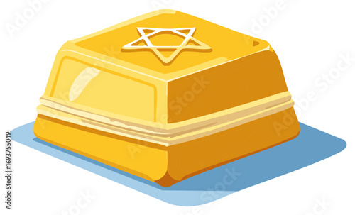 Illustration of Golden Brick with Star of David on blue surface with shadow on white background