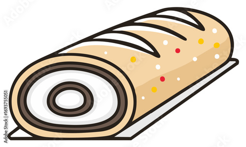 Illustration of a Rolled Cake Dessert with Chocolate Filling on a Platter