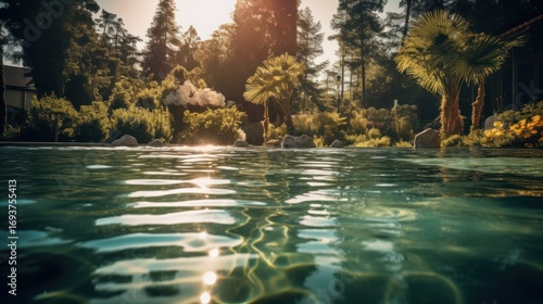 a tranquil lake surrounded by lush evergreen trees, sunlight filtering through the branches, rippling water reflecting the natural scenery, serene forest atmosphere, cinematic lighting, breathtaking l