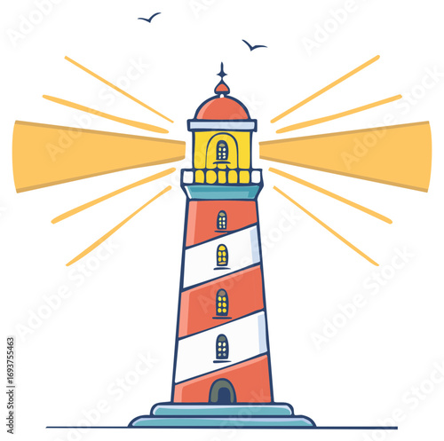 Illustrated red and white striped lighthouse with bright guiding light rays and flying birds