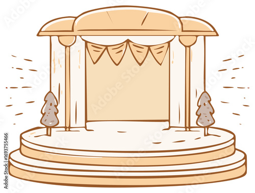 Cartoon Stage with Trees and Pennant Banners Illustration for Entertainment Venue or Performance Area