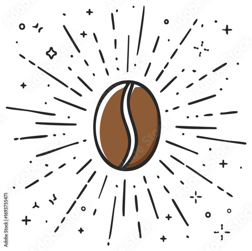 Hand drawn coffee bean illustration with a retro sunburst effect and stars