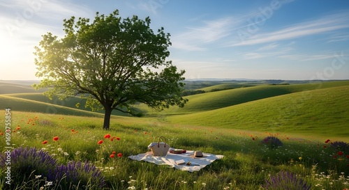 A perfect picnic on a serene hillside.