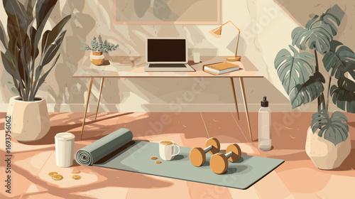 A cozy workspace features a yoga mat and dumbbells on the floor, a laptop on the desk, and plants adding a soothing touch. Ideal for fitness and productivity.