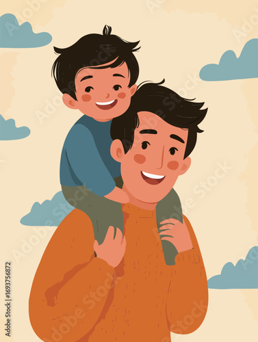 Smiling father enjoys a playful moment by carrying his young son on his shoulders, surrounded by a clear sky with clouds. They share a bond filled with happiness.