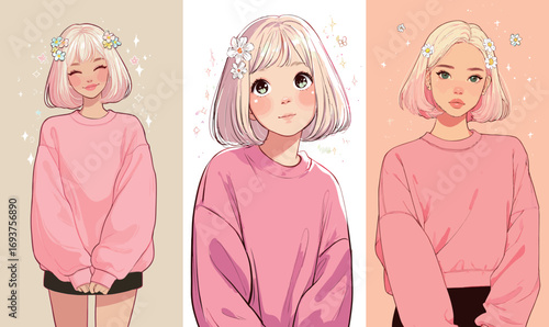 Three artistic renderings showcase girls with short hair and pink sweaters, each adorned with floral elements, exuding charm and style.