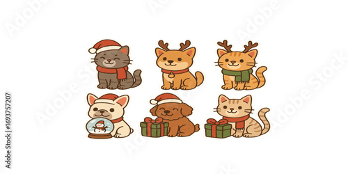 Print  Vector sticker set of cats and dogs wearing Santa hats, reindeer antlers, Christmas scarves, and playing with ornaments, snow globes, and gift boxes – cute cartoon style