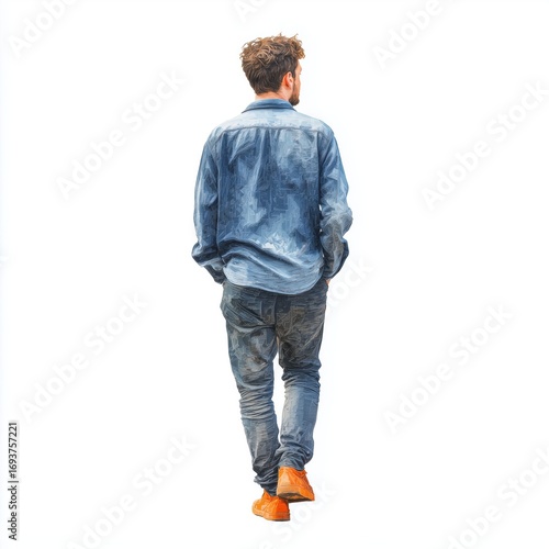Man in Denim Outfit Walking Away , white background cut out PNG