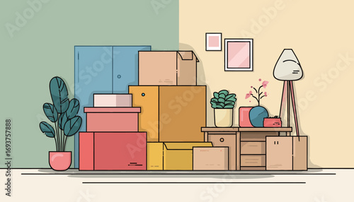 Colorful boxes and furniture are piled in a minimalistic room. Plants and decorative items add a touch of warmth to the space. Perfect for moving or organizing.
