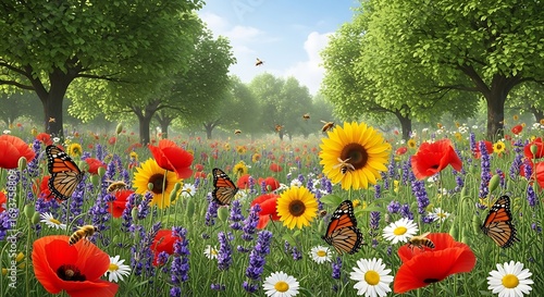 A vibrant meadow filled with sunflowers, poppies, butterflies, and bees, nestled beneath lush green trees in a sunny, idyllic setting.