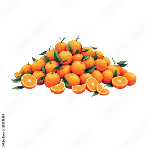 Vsai pile of fresh tangerines with leaves and slices on white background