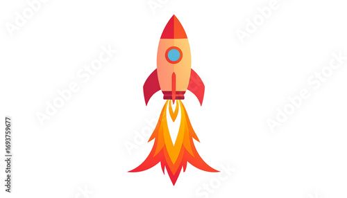 A minimalist rocket rocket that shoots upwards with flames burning from its boosters, symbolizes the concept of rapid start-ups, innovation, startups, success, or space travel. Suitable for most desce