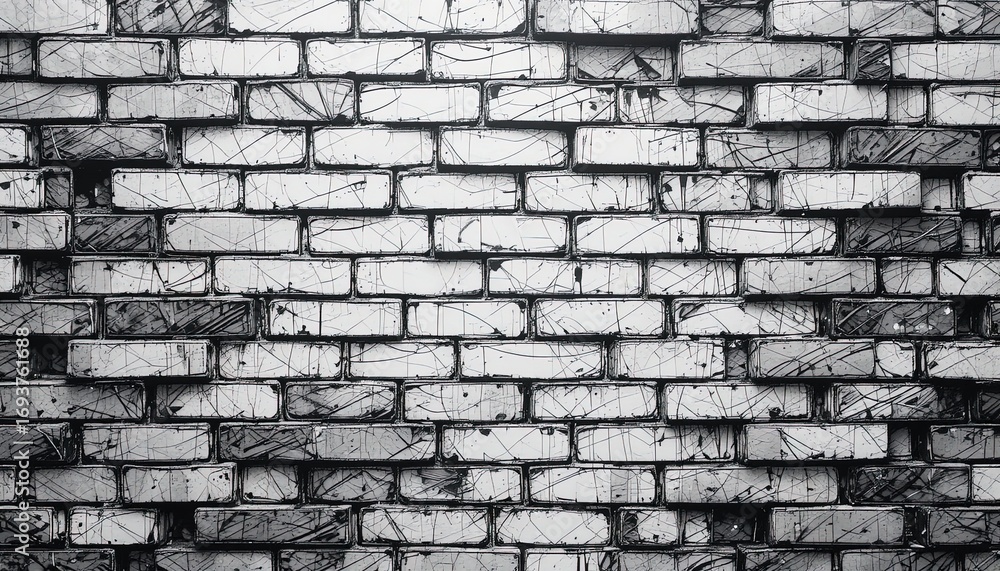Fototapeta premium A detailed grayscale image of a distressed brick wall, showcasing intricate cracks and textures.