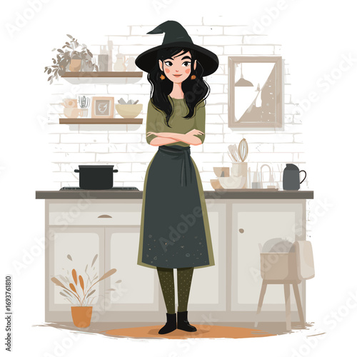 A witch stands confidently in a cozy kitchen, wearing a traditional hat and apron. The room is filled with cooking tools, plants, and decorative items that add warmth.