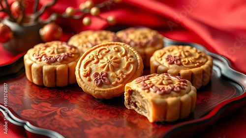 Traditional mooncakes on a lacquered tray with floral patterns, symbolizing Chinese cultural heritage.