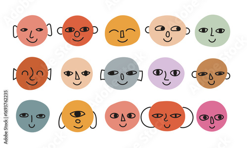 Round abstract comic Faces with various Emotions. Crayon drawing style. Different colorful characters. Cartoon style. Flat design. Hand drawn trendy Vector illustration. Every face is isolated