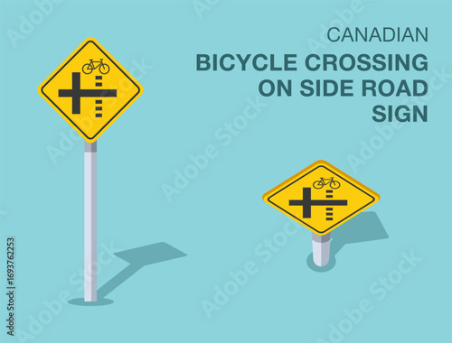 Traffic regulation rules. Isolated canadian "bicycle crossing on side road" road sign. Front and top view. Flat vector illustration template.