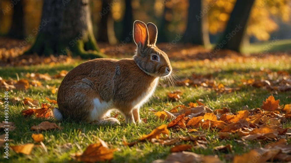 Fototapeta premium A serene rabbit sitting amidst colorful autumn leaves in a tranquil park setting