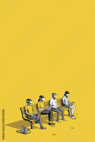 Four individuals sit on a bench, each wearing virtual reality headsets.