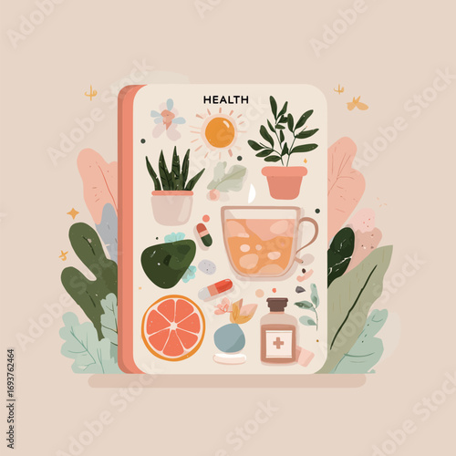 Colorful illustration showcases elements of health and wellness, including fruits, plants, and natural remedies. Vibrant visuals promote a holistic lifestyle and vitality.