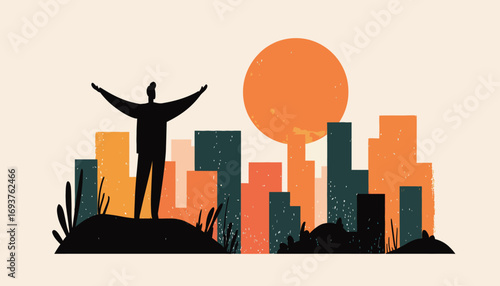 Wallpaper Mural A person stands triumphantly on a hilltop, arms lifted towards a bright orange sun setting behind a colorful city skyline filled with geometric buildings. Torontodigital.ca