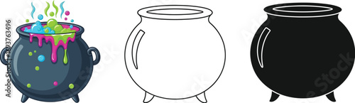 Halloween witch cauldron with magic potion set of witches' cauldrons in different styles, vector illustration