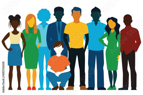 A vibrant image of a diverse group of people, depicted as colorful silhouettes against a plain white background.