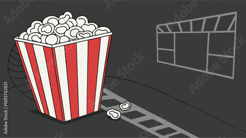 Enjoy cinematic moments with a classic popcorn bucket and film reel backdrop, perfect for entertainment promotions.