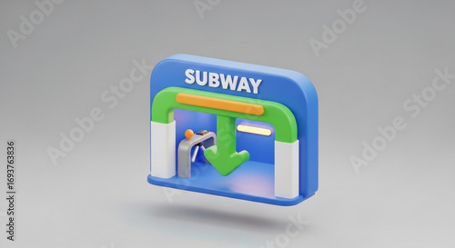 Subway entrance illustration for underground transport with green arrow and turnstile access point design