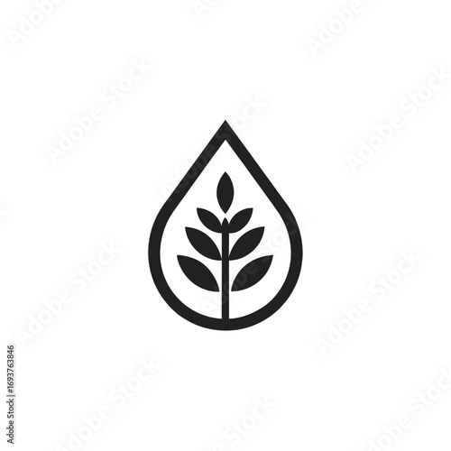A minimalist symbol shows a plant growing within a droplet shape, emphasizing harmony between nature and water. This design reflects eco-friendliness and sustainability.