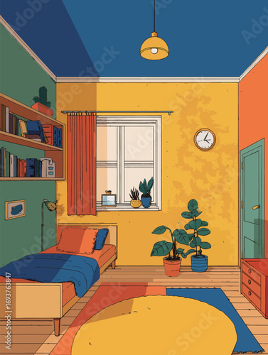 This cozy bedroom features colorful walls painted in shades of blue and yellow, with a comfortable bed, bookshelf, plants, and stylish curtains.