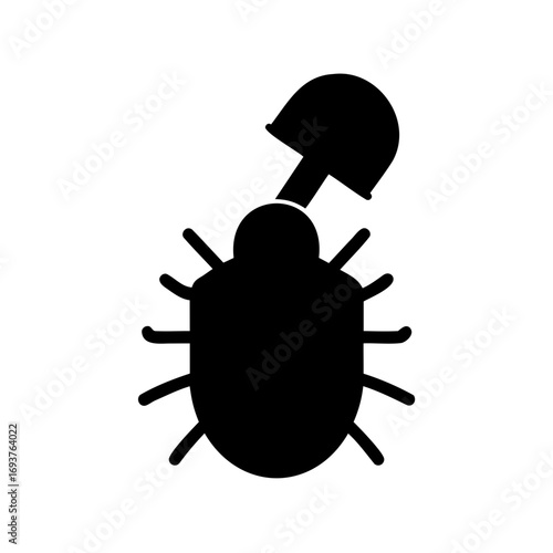 Black silhouette of a beetle with a miner's helmet on its head