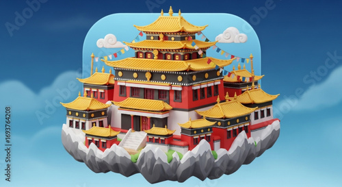 Explore the beautiful buddhist temple architecture in the mountains with colorful flags and clouds