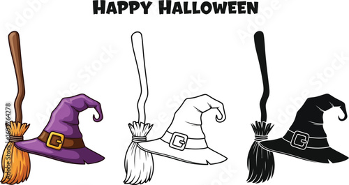 Witch hat and broom, a spooky and fun halloween decoration, perfect for adding a touch of magic to your designs