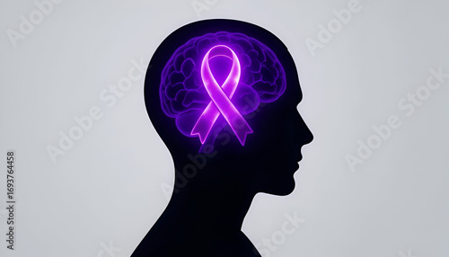 Glowing purple awareness ribbon and brain silhouette symbolizing mental health, hope, and support for those affected by brain-related illnesses  Alzheimer’s awareness