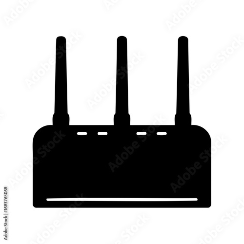 A simplistic black and white illustration of a modern wireless router design