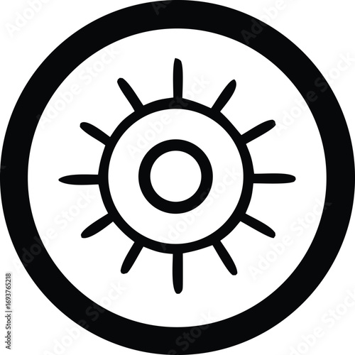 Abstract circular sunburst emblem with radiating lines and central circle within a bold outer ring symbolizing power growth or a celestial body
