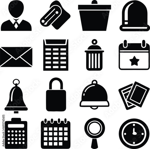 Modern silhouette icons collection for business and productivity featuring user profile envelope calendar lock and more