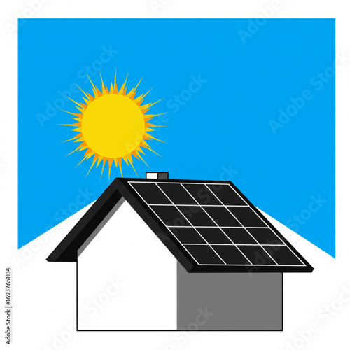 Solar panels on house roof with sun and blue sky energy concept illustration