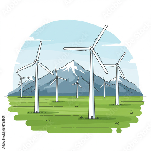 Wind turbines in a green field with mountains and blue sky, renewable energy