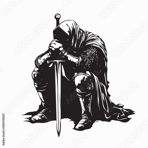 Medieval Knight Sitting Down Holding Sword Vector Silhouette Illustration