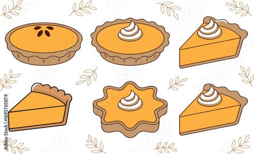 Collection of delicious pumpkin pies and slices with whipped cream