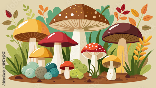Vector art of a delightful gathering of colorful mushrooms in an autumn forest, showcasing the beauty of nature and the wonders of the fungal kingdom