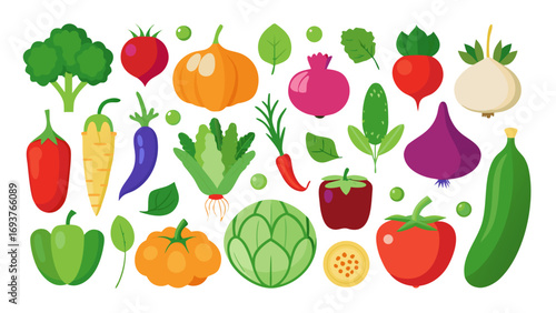 Vector art of a vibrant selection of fresh vegetables, including peppers, carrots, tomatoes, and lettuce, , representing a healthy and colorful diet