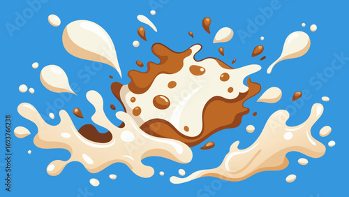 Vector art of a dynamic splash of milk and chocolate, creating a visually appealing and deliciouslooking design against a vibrant blue background