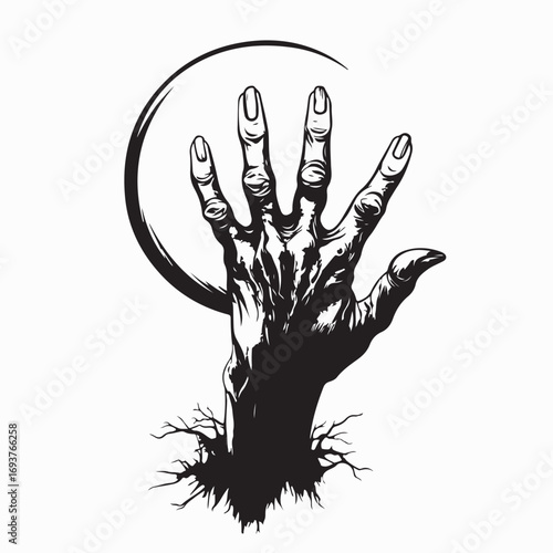 Creepy Zombie Hand and Full Moon Halloween Horror Vector Art on white background