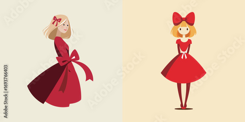 Stylish characters wear red dresses featuring large bows, one in motion and the other standing still, against a minimalistic background. The contrast highlights elegance.
