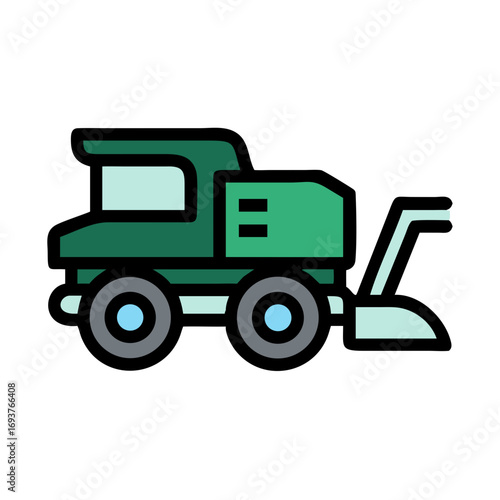Green harvesting machine icon in bold outline style